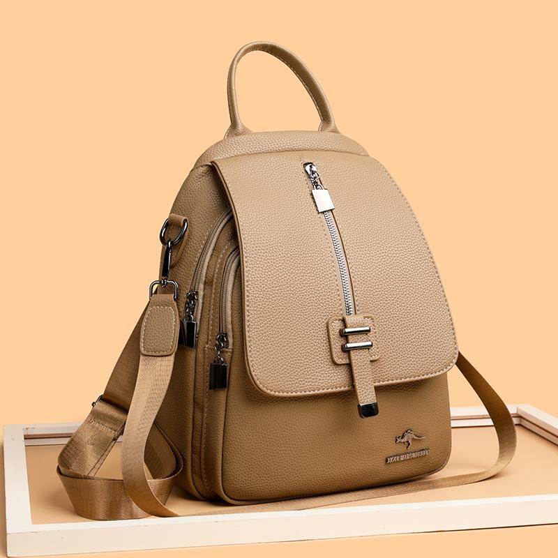 Women's Retro Solid Color Outdoor Backpack Soft Leather Large Capacity Backpack