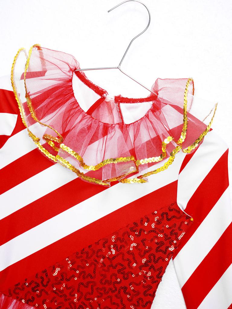 Girls Striped Jumpsuit Round Neck Long Sleeve Sequin Dance Leotard Christmas Party Wear