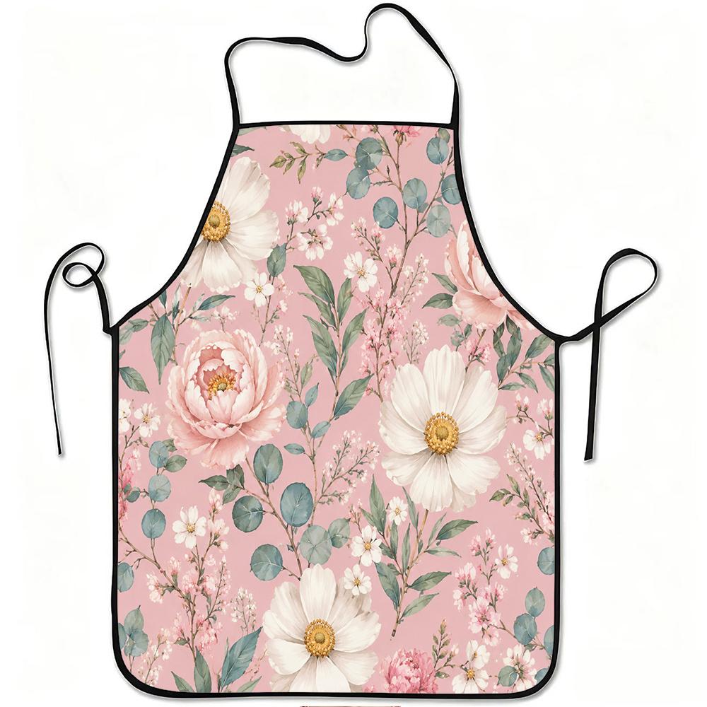1pc Pink Peony & White Daisy Apron - Adjustable Waistband, Durable Easy-Clean Polyester Suitable for Cooking, Gardening, Orchard Picking, Christmas, H