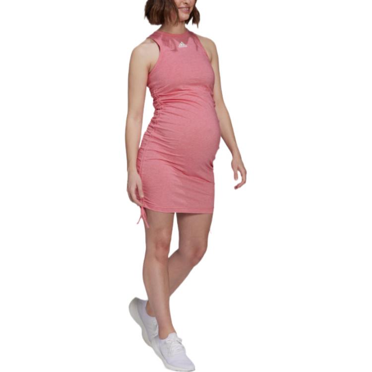 Adidas SS22 Solid Color Logo Round Neck Slim Fit Sleeveless Dress Women Dresses Pink HR8901