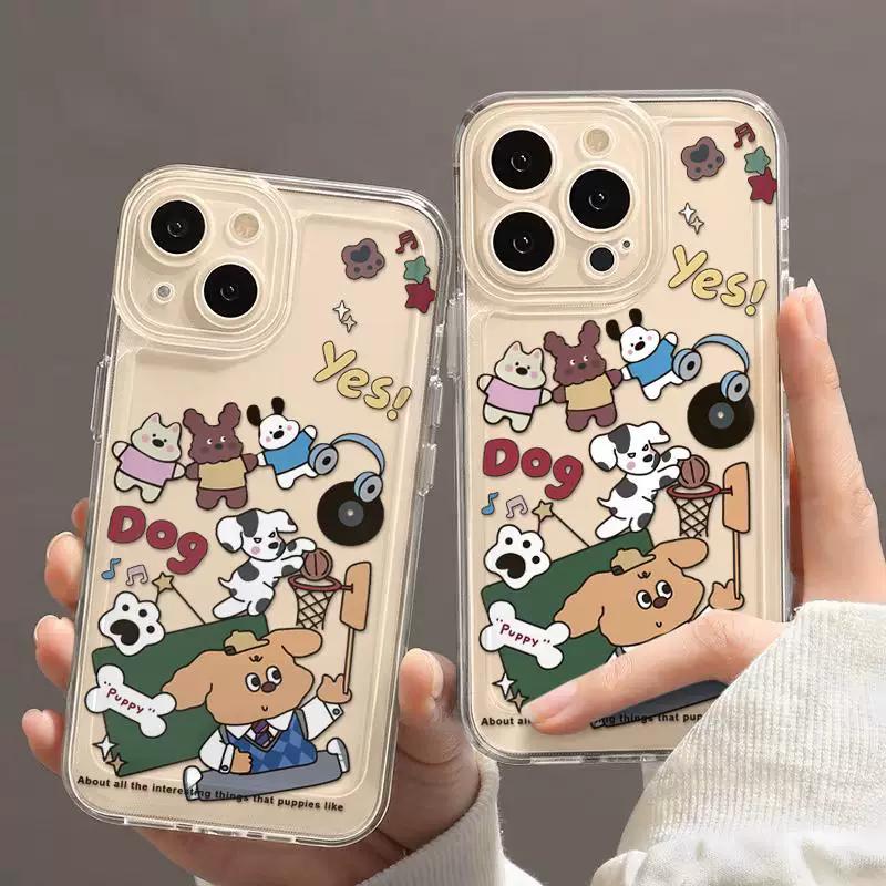 Cute Puppy Doodle Clear Phone Case for iPhone 15/14/13/12 - Cartoon Dog Sticker Style Cover