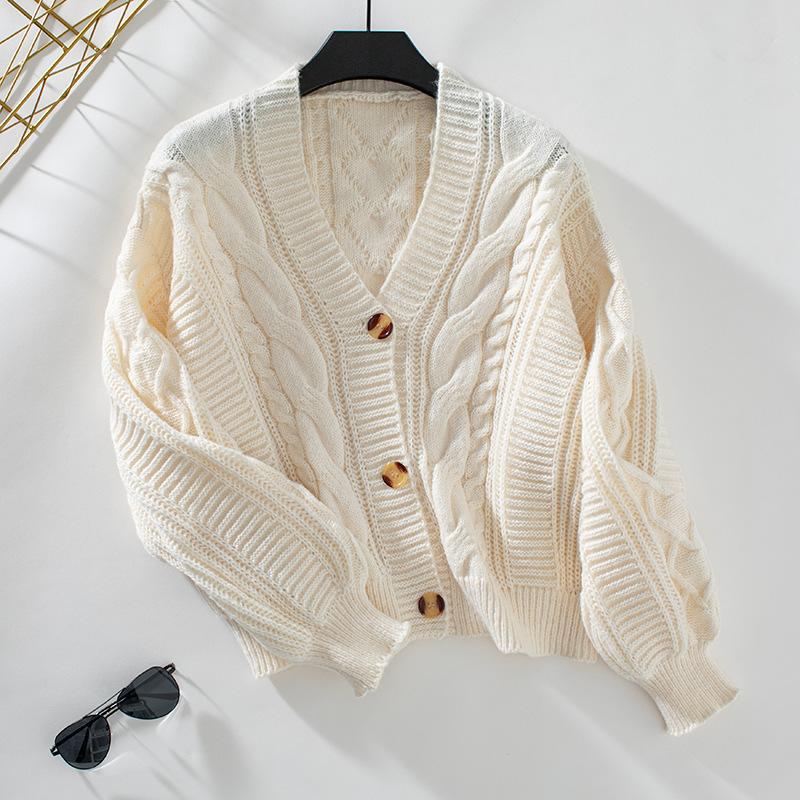 2024 Europäischer und amerikanischer Herbst- und Winterneuheitsartikel, einfarbiger V-Ausschnitt, verdrehter Blumenknopf-Strickpullover, Strickjacke für Damen