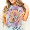 Women's Clothing Tie Dye Animal Graphic Lover Gift Shirt Tee Capybara Kawaii Cartoon T-shirts Crew Neck Casual Summer Drink Tops
