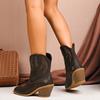 Women's Chunky Heel Pointed Toe Platform Slip Mid Heel Embroidered Denim Fashion Ankle Boots Leather Booties Women Boots