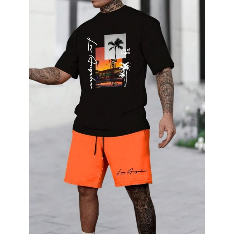 

Summer Men s suit Summer sportwear Hawaiian coconut Print breathable two-piece men s quick-drying short-sleeved top and 5XL