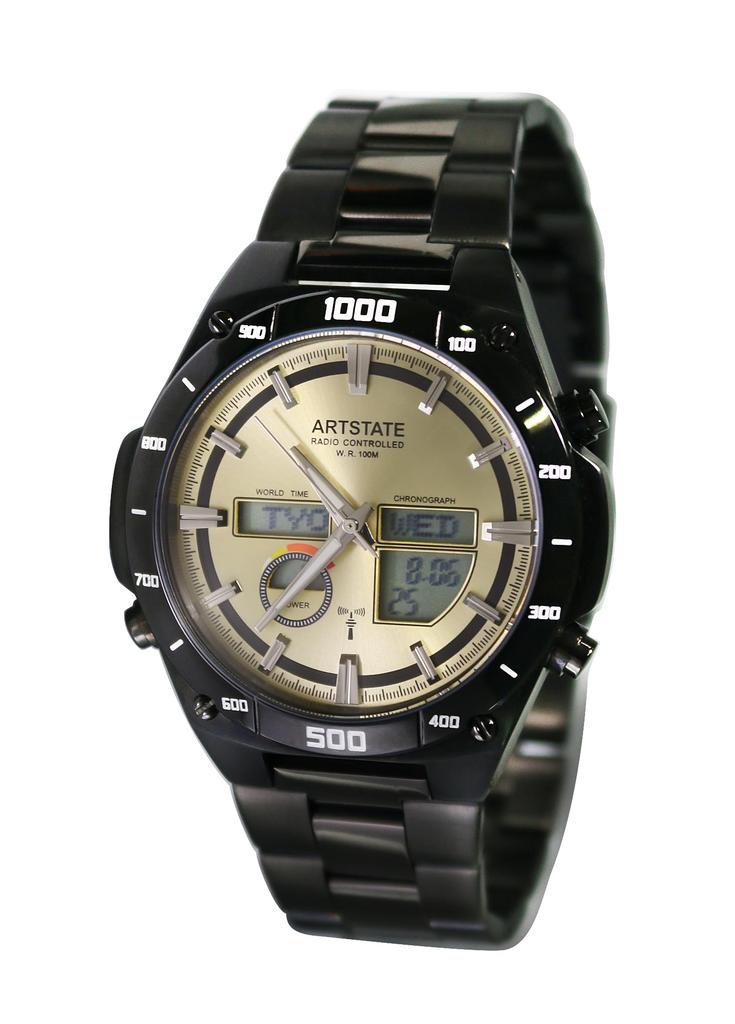 [ARTSTATE AS1771C] Men's Radio-Controlled Watch, Date and Day Display, Stainless Steel, IP Black Plated, Long Life, 100M Water Resistance