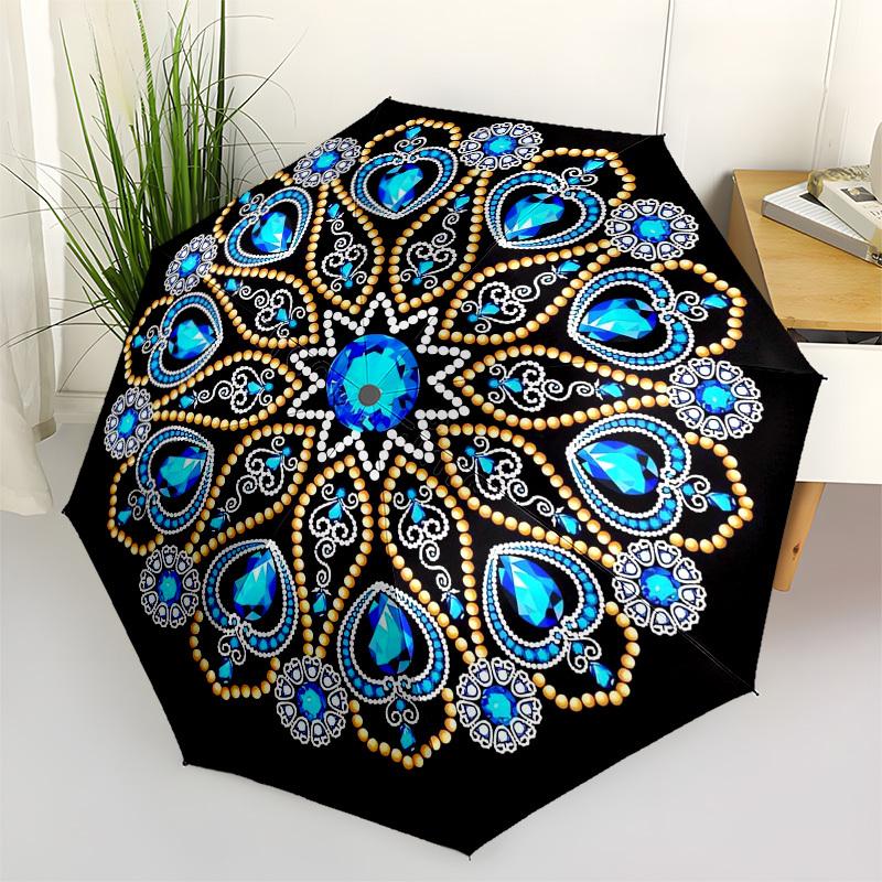 

1pc Blue Crystal Mandala Design Umbrella with Plastic Handle,Vibrant Cartoon Pattern,Multi-functional UmbrellaPT098