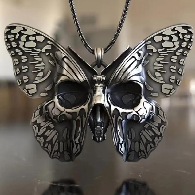 Edgy Zinc Alloy Pendant Necklace Showcasing Gothic Skull Butterfly Charm Neckchain For Layering Outfits