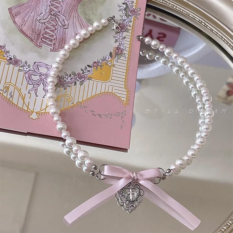 

IF ME элегантное ожерелье из искусственного жемчуга для женщин, модный розовый бант, кулон в виде креста и сердца, колье, аксессуары, ювелирные изделия