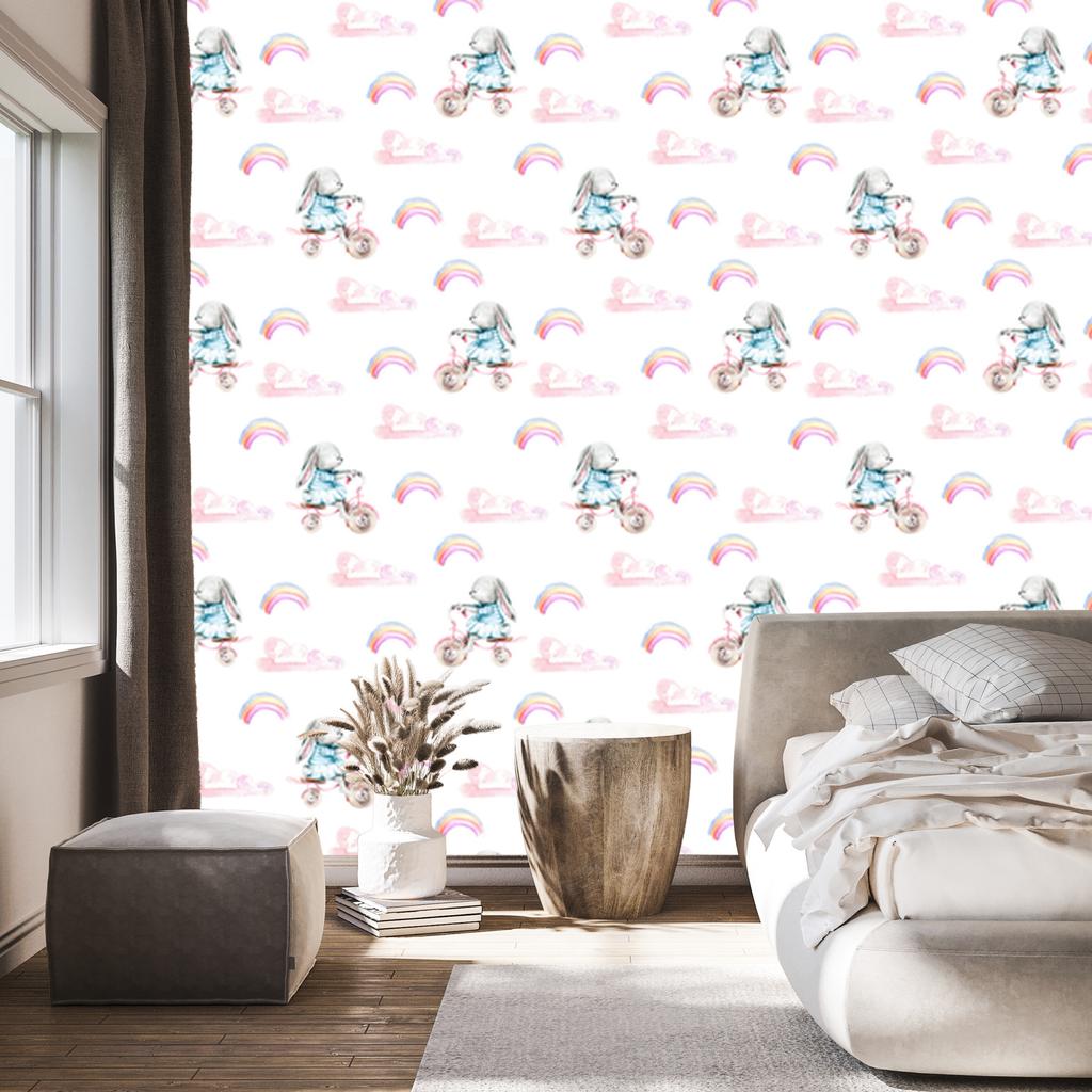 Wallpaper Bunnies rainbows and hearts for living room and bedroom 50x1000
