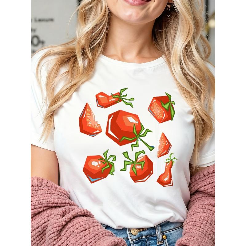 Summer Cartoon Tomato Checkered Print T-Shirt Russian Text Casual Short Sleeve Tee S белый