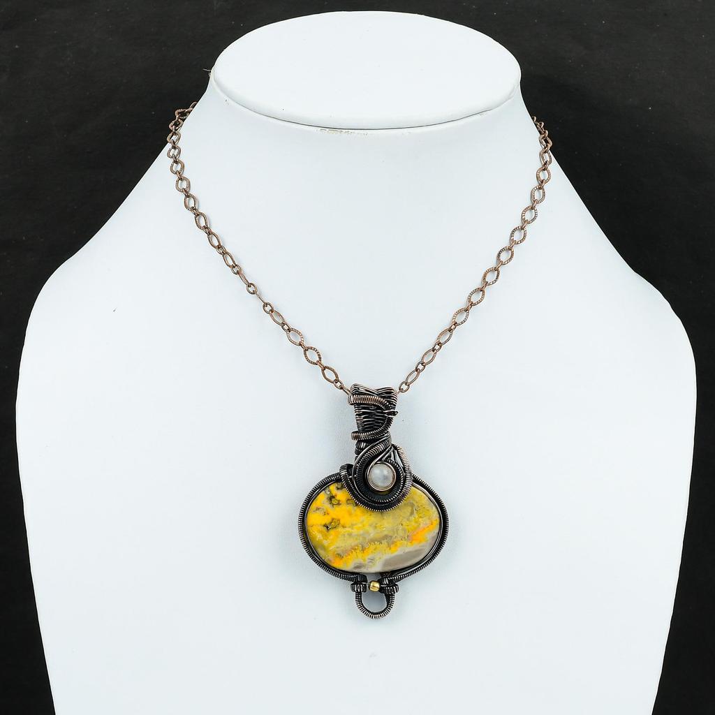 Bumble Bee Jasper Pendant Copper Wire Wrapped Pendant Dainty Gemstone Pendant Rainbow Moonstone Pendant Handmade Copper Jewelry Gift For Mom