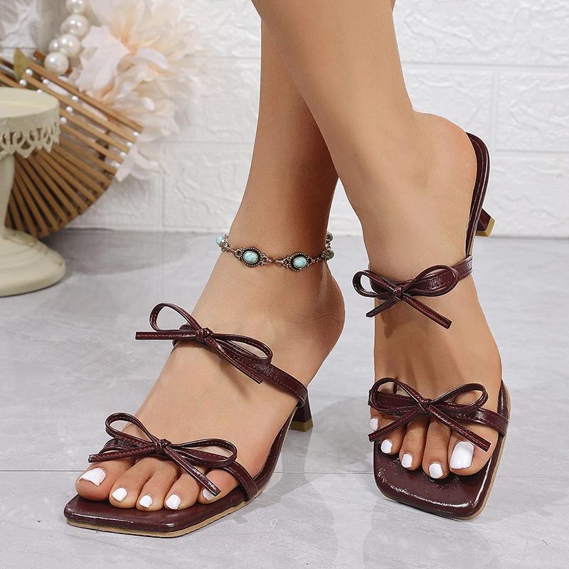 Fashion Fashion Bowknot High Heels Sandals Women Square Open Toe Thin Heel Summer Slippers Woman Plus Size Elegant Slip On Black Sandals