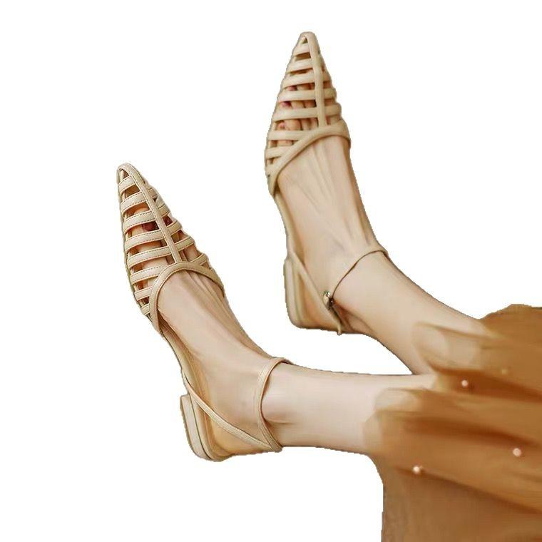 Niche Personalized Retro Sandals Summer Black Hollow Women's Shoes Pointed Flat Heel Bag Head Shoes