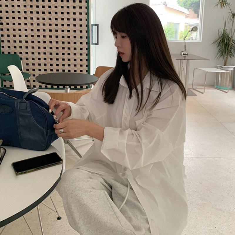 Women Blouses Basic Korean Fashion Long Sleeve White Black Shirts Oversized Streetwear Chic Female Cardigan All-match