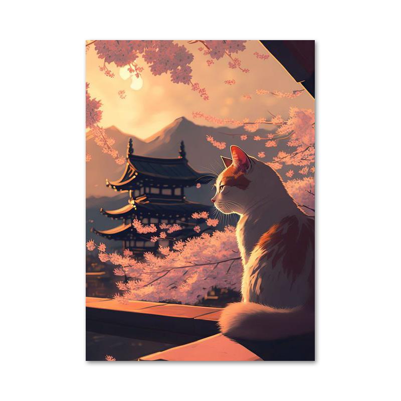 Japanische lustige Tierkatze Kirschblüte Poster und Drucke Leinwand Gemälde Wand Kunst Bilder für Wohnzimmer Wohnkultur