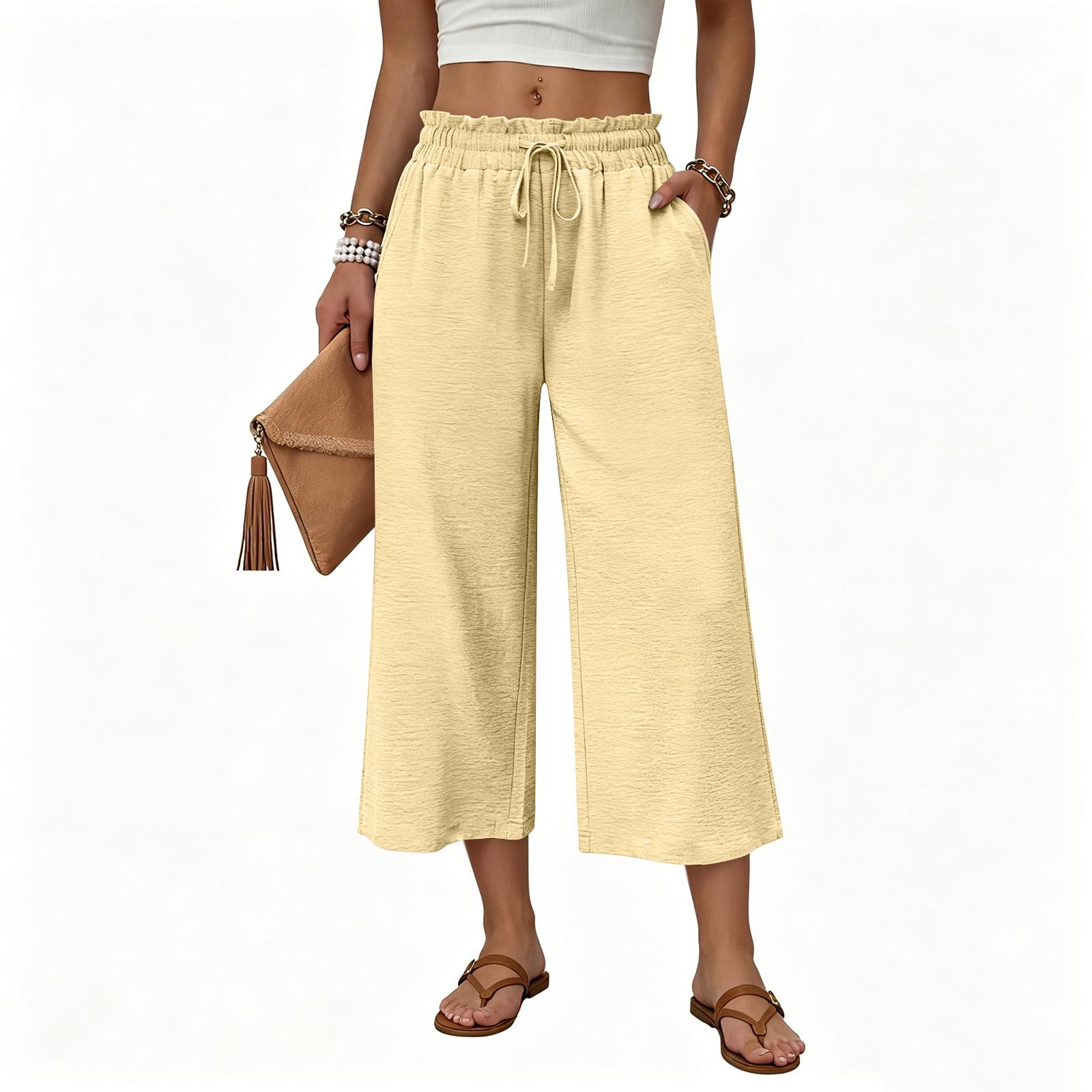 

Women Casual Loose Fit High Waist Cropped Pants with Drawstring Waist and Pockets for Everyday Comfort and Versatility S хакі
