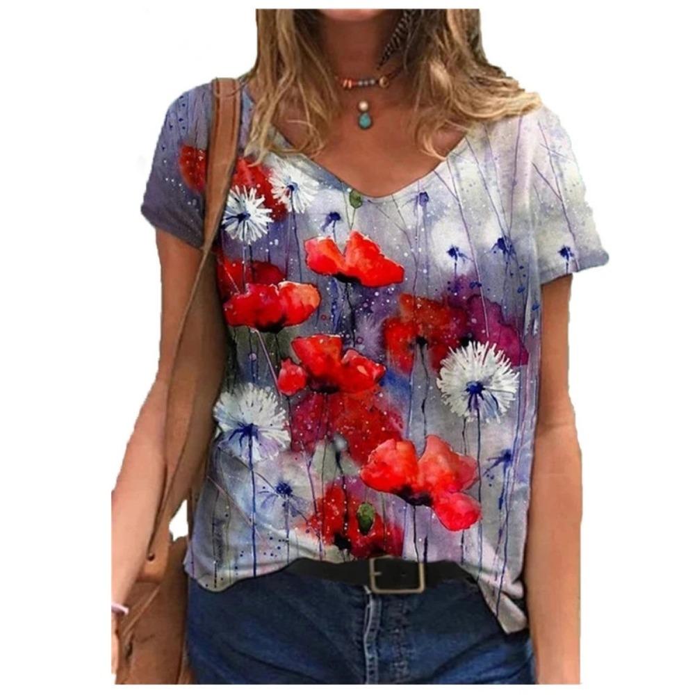 Casual Summer T-shirt 2025 New Women's 3d Floral Print T-shirt Ladies Street Wear Short-sleeved V-neck Top