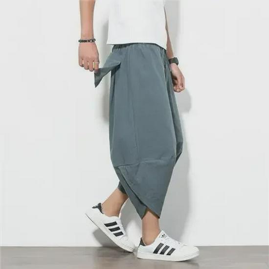 Erkek Bol Kesim Tay Stili Geniş Paça Keten-Pamuk 7/8 Boy Plaj Harem Pantolonu