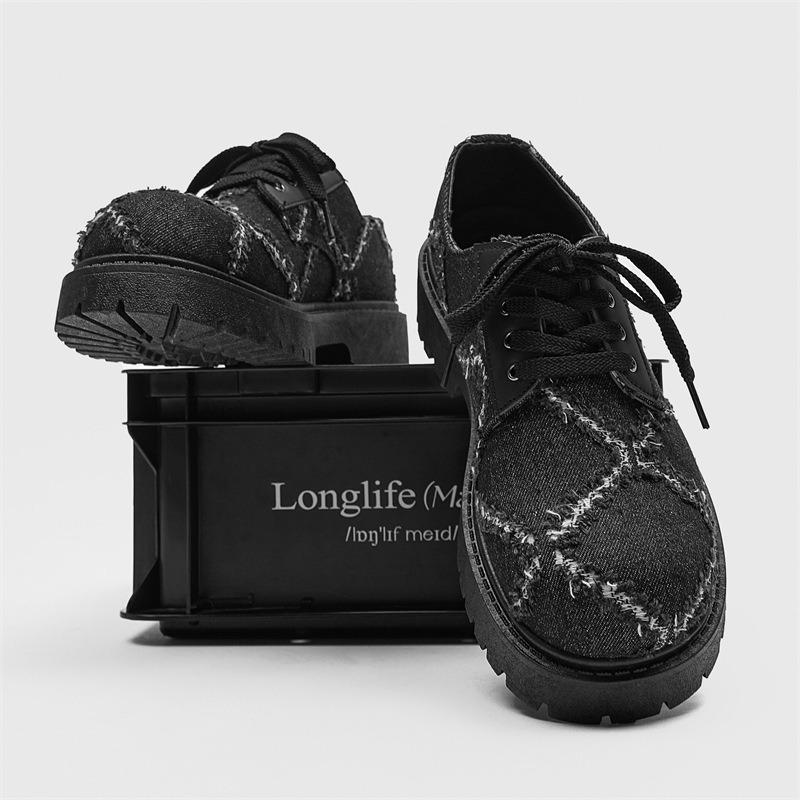 Fashion Men's New Washed Denim Platform Round Toe Derby Shoes Casual Big Head Leather Shoes Niche Avant-Garde Streetwear Shoes for Men's