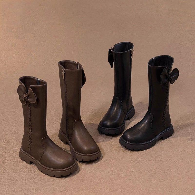 Girls' 2025 Autumn/Winter British Style High-Top Leather Boots, Fleece-Lined, Versatile and Stylish