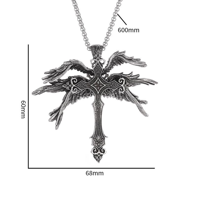 Retro Silver Six-wing Angel Wings Cross Pendant Necklace Hip-hop Necklace The Cross Wings