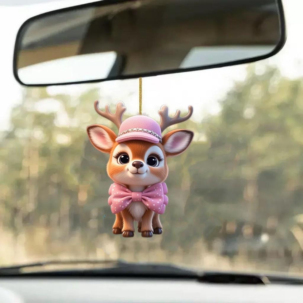 Cartoon With Deer Pink Hat Car Mirror Ornament Pendant For Kids Vehicle Decor