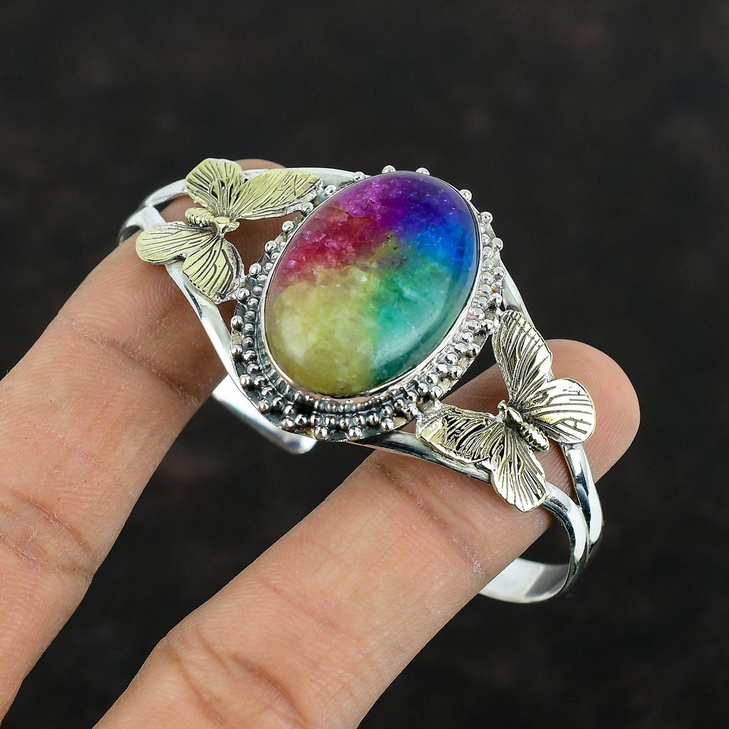 Rainbow Solar Quartz Druzy Bangle 925 Sterling Silver Gemstone Cuff Bracelet 18K Gold Plated Adjustable Bangle Butterfly Bangle Gift For Her