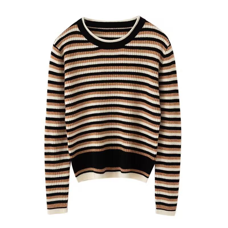 Women's 2025 Color-Block Striped Knit Sweater: Round Neck, Slim Fit, Warm Wool for Autumn/Winter