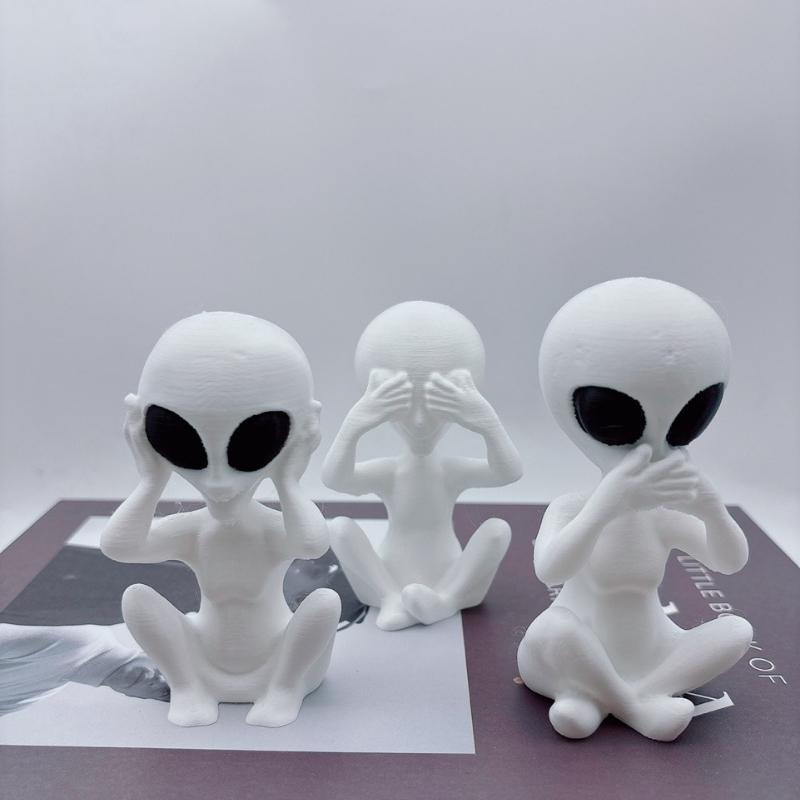 3D Printed Alien Ornaments, Do Not Listen, Do Not Look, Do Not Speak, Whimsical Alien Statues, Fantasy Space Room Decorations