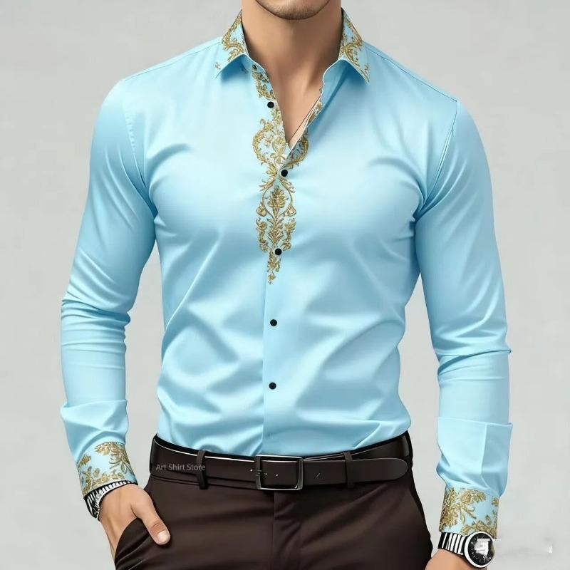 2025 Herren Neue Modische Hohe Qualität Gold Muster Satin Hohe Qualität Herren Langarm Kragen Hemd Geeignet für Party Wearin