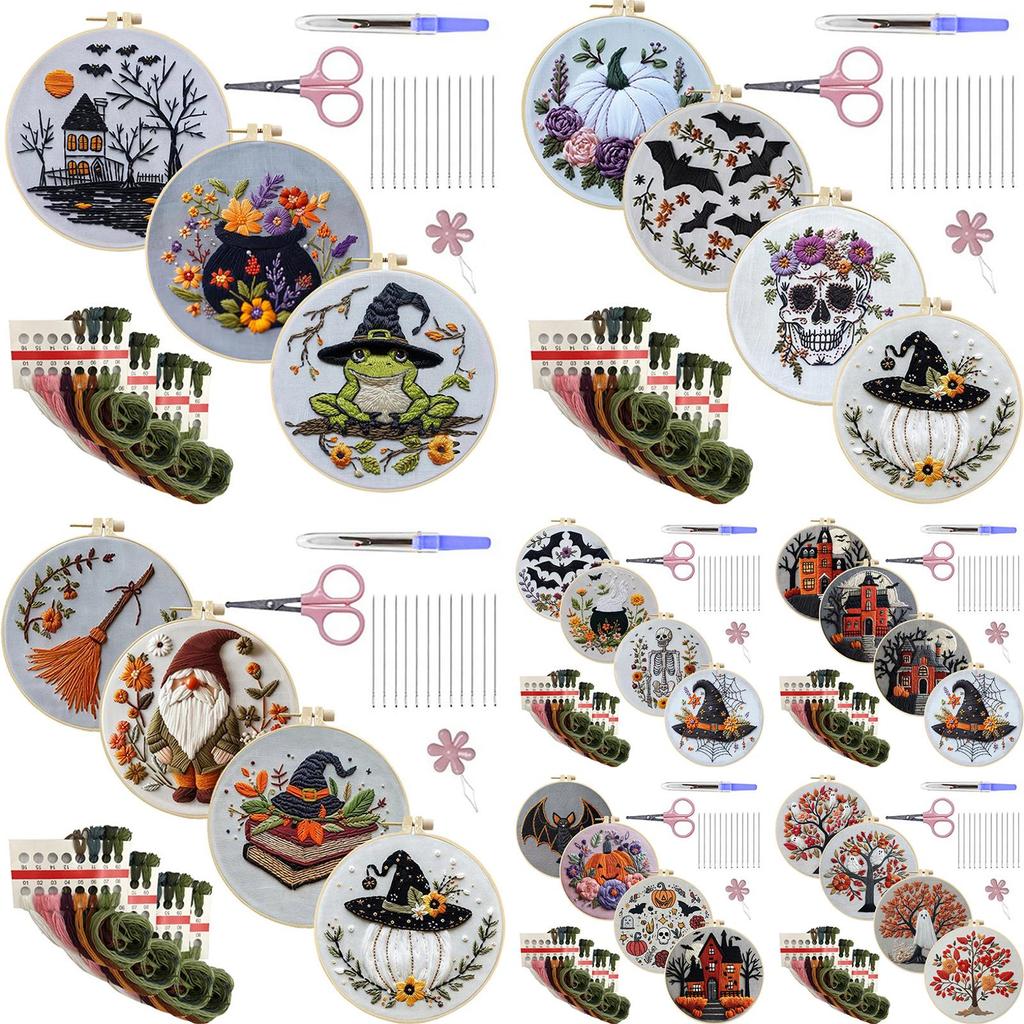 4pcs Stamped Cross Stitch Kits with Embroidery Hoop Needles Threads Instruction Embroidery Kit Cross Stitch Set for Beginners