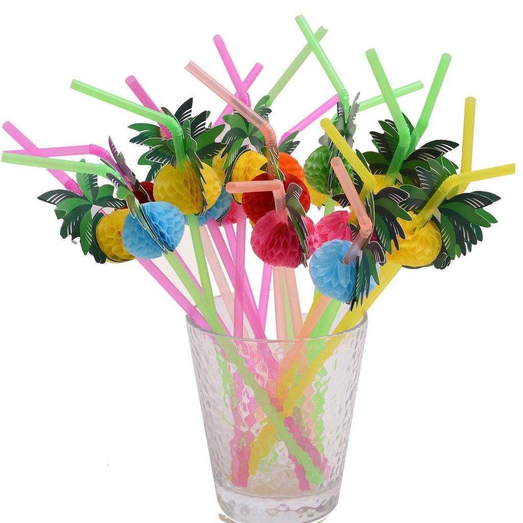 50 Fluorescent Umbrella Straws for Hawaiian-Themed Party Decoration and Craft