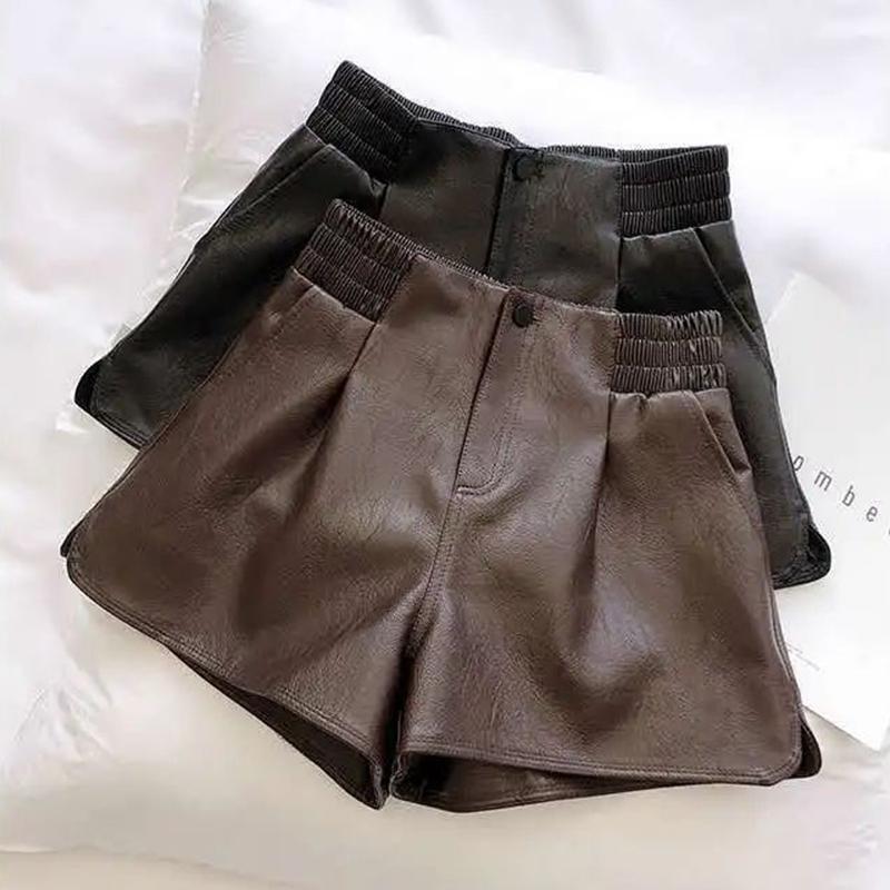 Shorts Women's Loose High Waist Leather Pants Solid Color Casual Wide Leg Pants