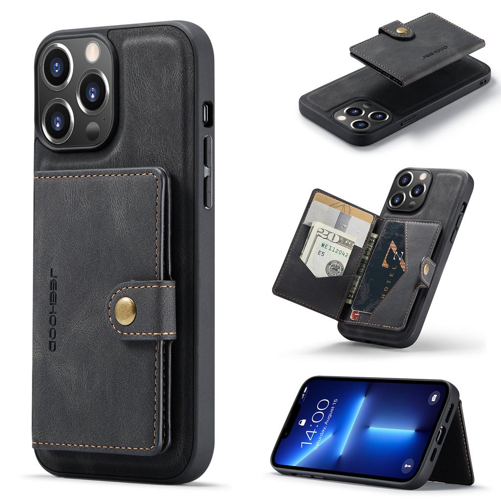 For iPhone 13 Pro Max Case Leather+TPU Detachable Magnetic Phone Cover Card Bag