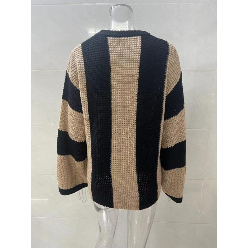 Damski Sweter Dzianinowy Casualowy w Paski Patchworkowy Okrągły Dekolt Rozszerzane Długie Rękawy Luźny Modny Dzianinowy Top Casualowy Wszechstronny Miękki Stylowy Sweter Dzianinowy Płaszcz