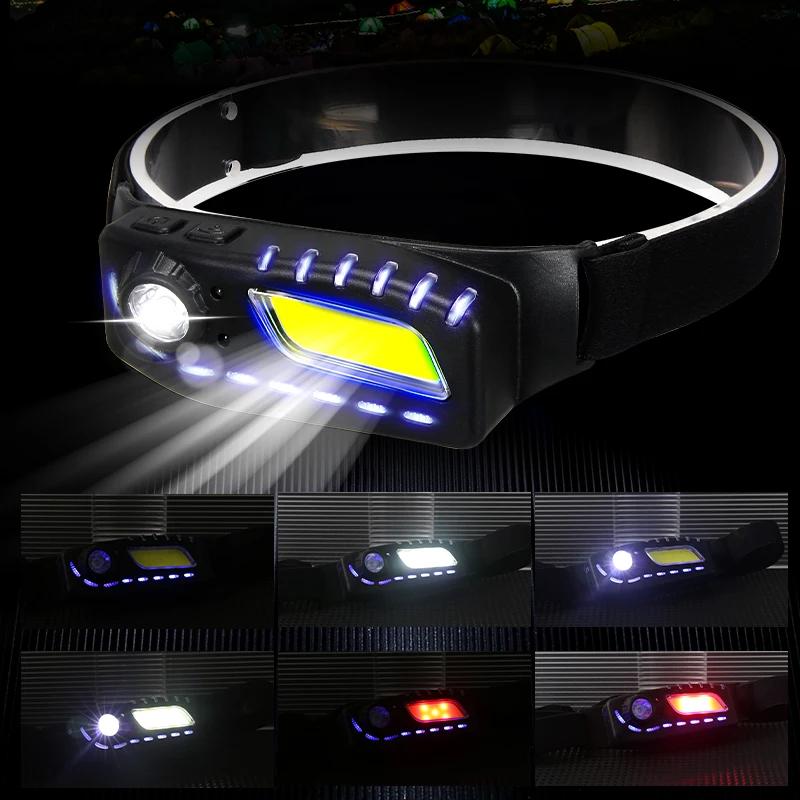 Super Bright XPE+COB Induction Headlight Dual Light Source Waterproof Outdoor Portable Running Fishing Night Running Flashlight