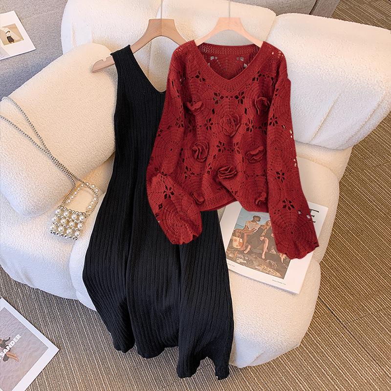 Plus Size Spring Set: Red Knitted Sweater & Dress