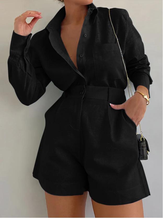 2024 Trendy Women's Casual Suit: Long Sleeve Shirt & Shorts Set