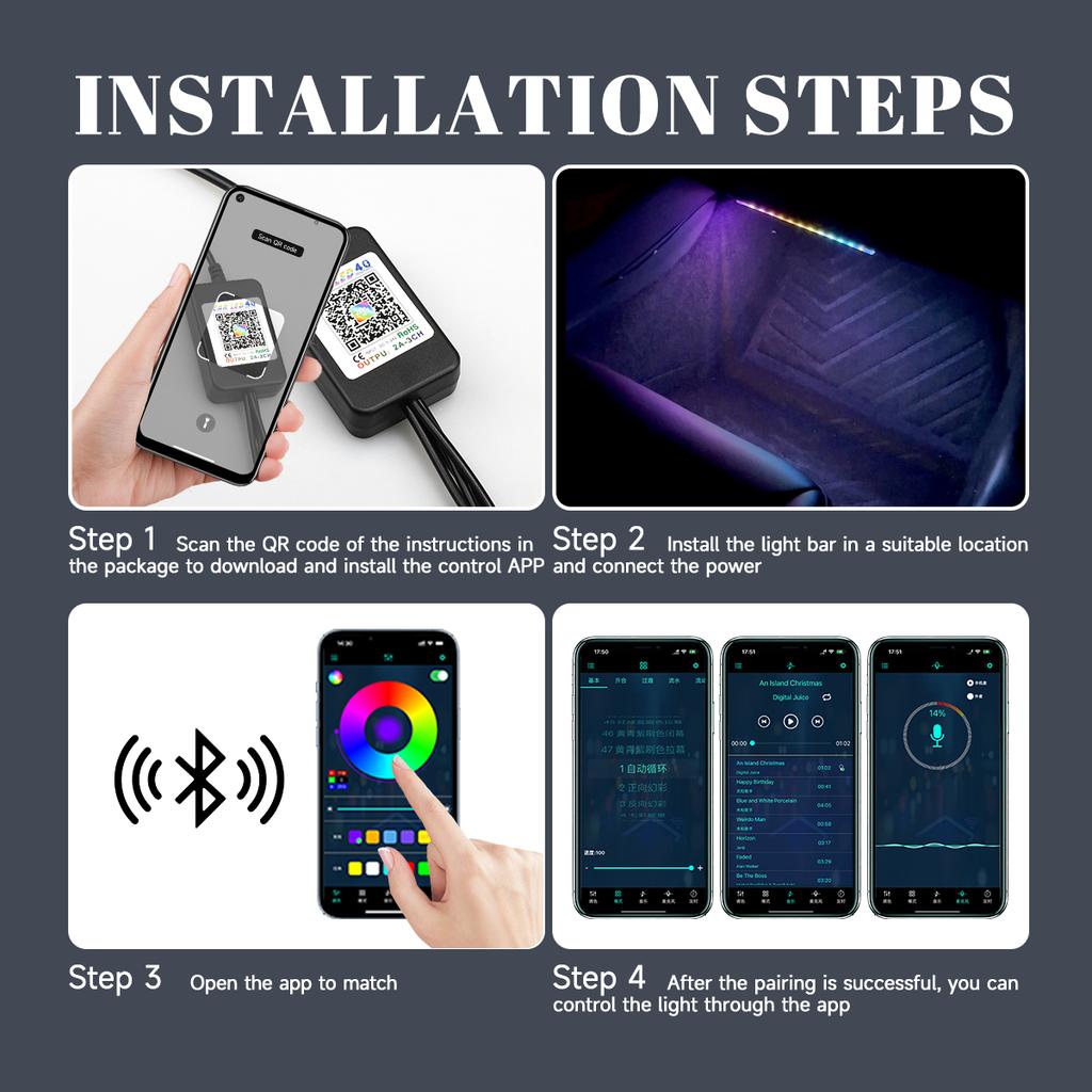 4-in-1 5V-12V RGB LED Interior light LED Lamp Car Lamp Foot light Car Decorations APP control, dynamic rhythm atmosphere light