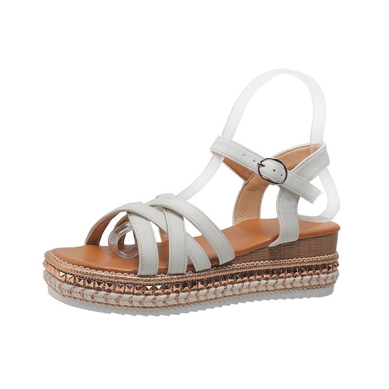New cross-buckle rhinestone women's hemp rope muffin thick-soled square head sandals