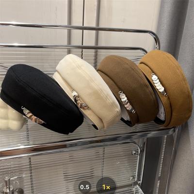 Fashion Metal Letter Octangonal Beret Trendy Beret Hat Lady Solid Color Casual Autumn Cap Vintage Simple Painter Hat Female