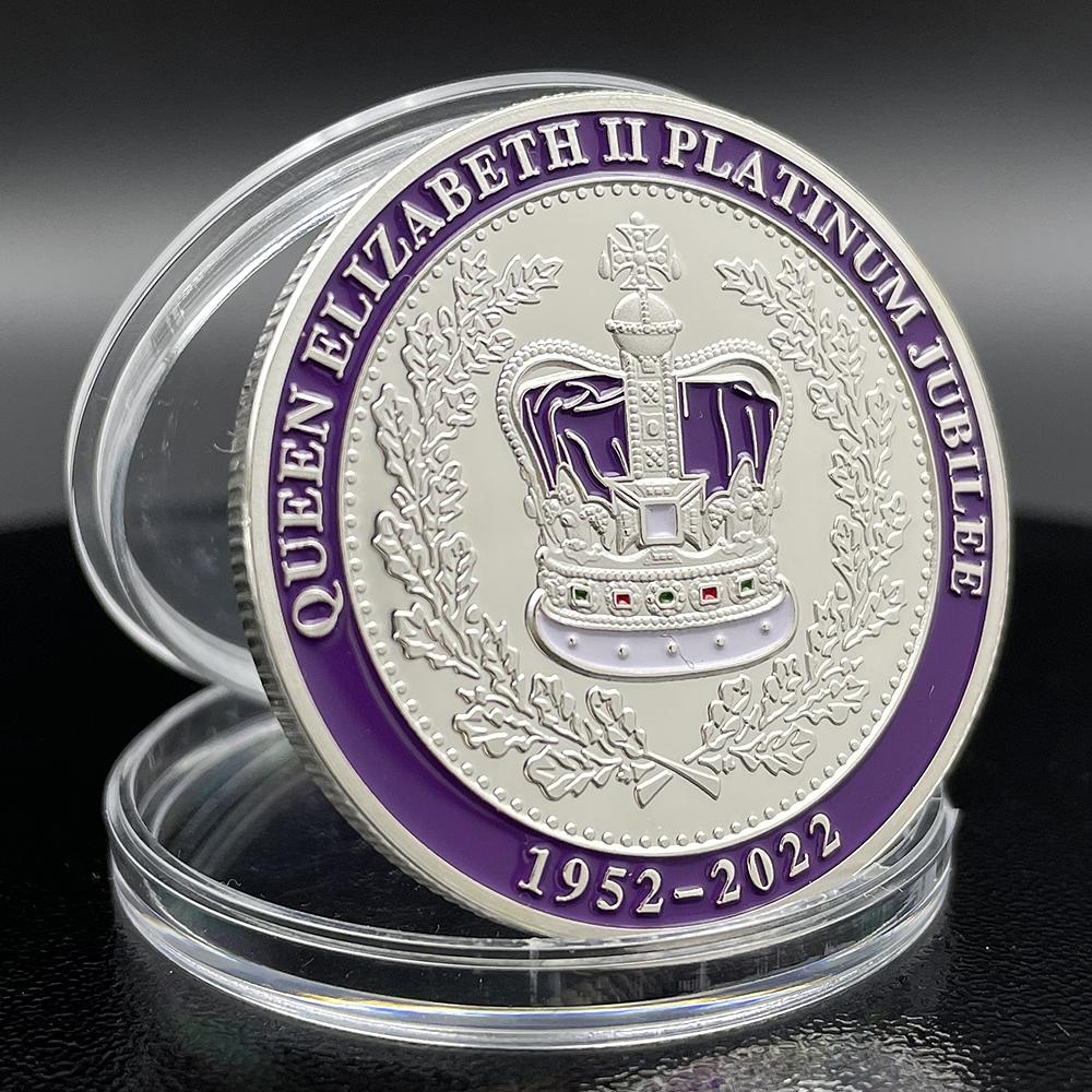 Queen Elizabeth II Platinum Jubilee Silver Coin 1952-2022 Purple Crown Souvenir Medal Crowned in Westminster Abbey Badge