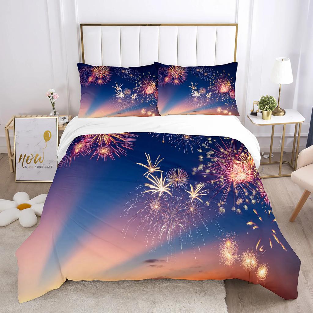 Colourful Fires Bedding Set Washed Cotton Firework Duvet Cover Queen Size Celebrate Merry Christmas Theme Soft Comforter Cover