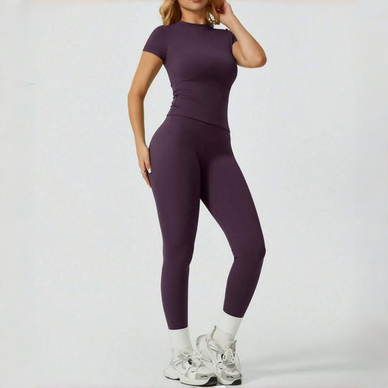 Womens Quick Dry Stretchy Yoga Set Short Sleeve T-shirt High Waist Pants Gym Workout Activewear