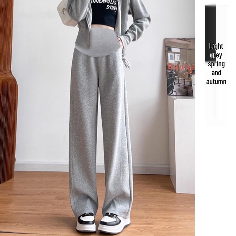 Maternity High Waist Tummy Support Wide-Leg Pants with Drawstring, Plus Velvet, Spring/Autumn Style M