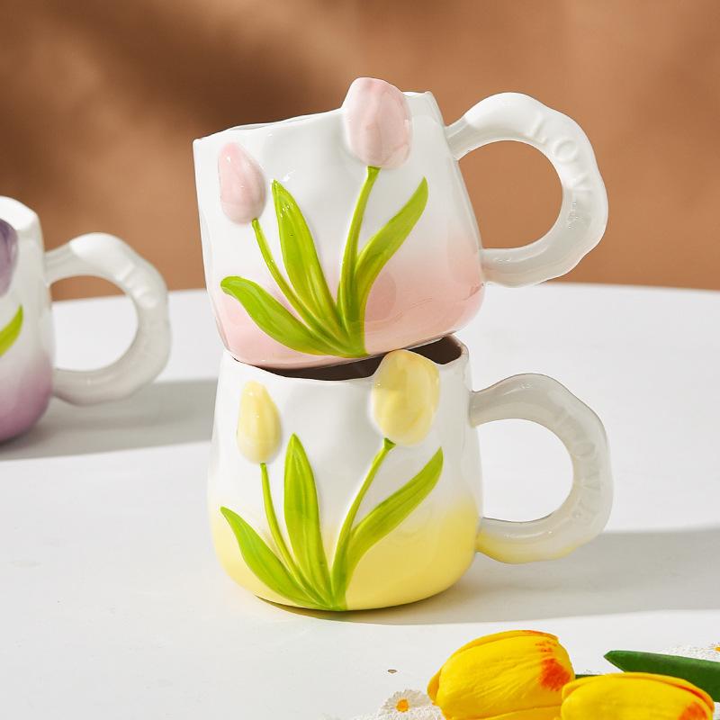 Hand Painted Ceramic Cup Three Dimensional Relief Cup Tulip Cup Flowers Mug with Handle Bestie Cup Souvenir