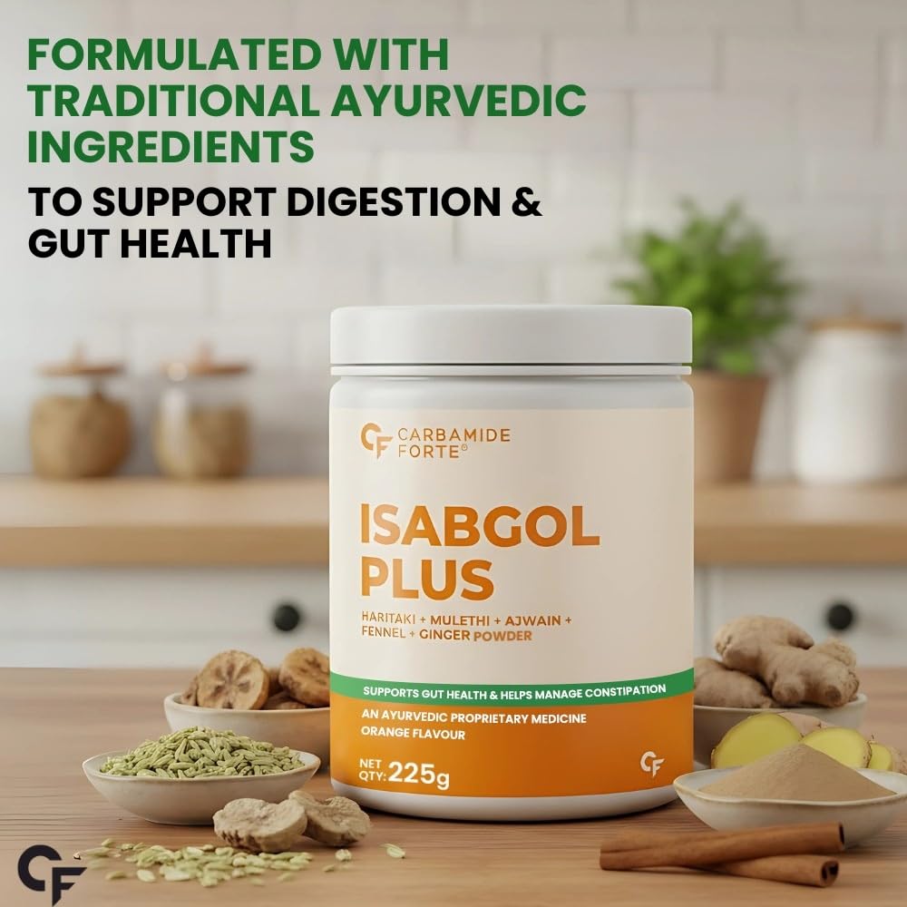 Carbamide Forte Isabgol Powder 225gm Psyllium Husk With Haritaki Ajwain Fennel Fiber Supplement