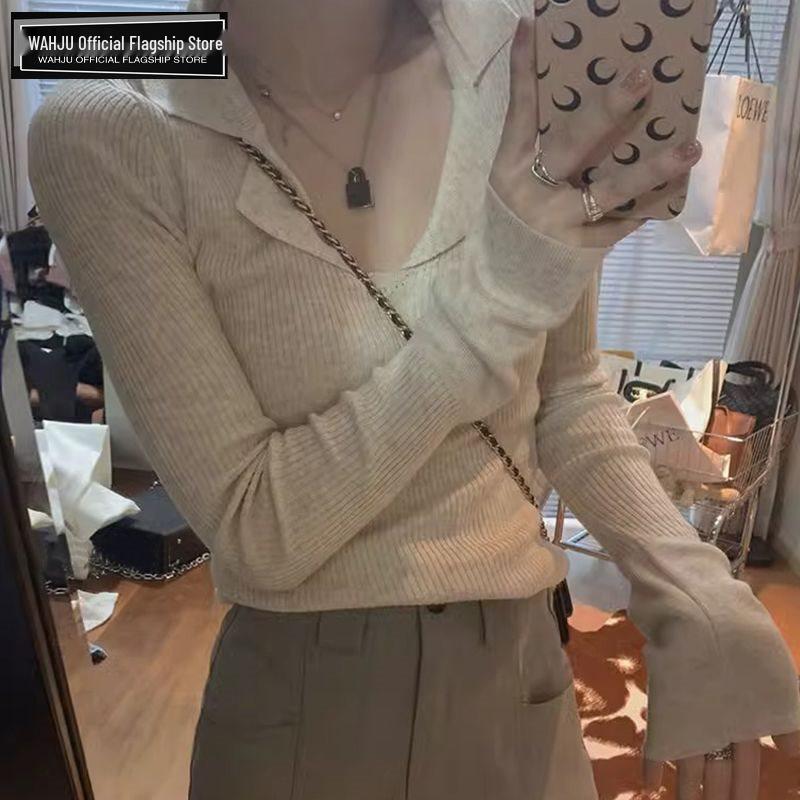 Dámský svetr úzkého střihu s žebrovaným pleteným límcem - Podzim/Zima Korejský styl