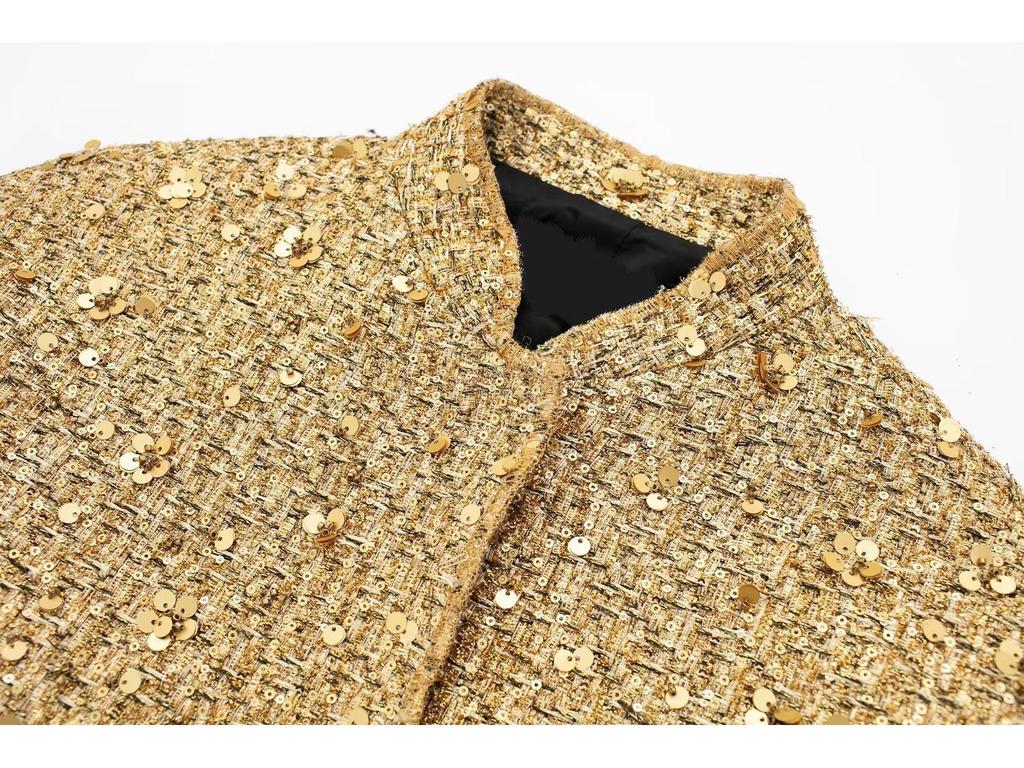 European & American Women's Sequin Stand-up Collar Jacket - Autumn/Winter 2025 Fashion, Solid Color, Short Casual Style